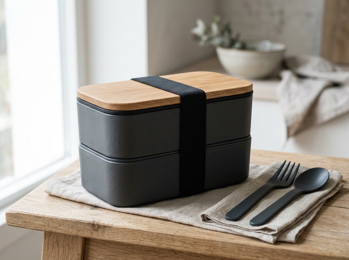 Dual-Tier Japanese Stackable Bento Box with Cutlery