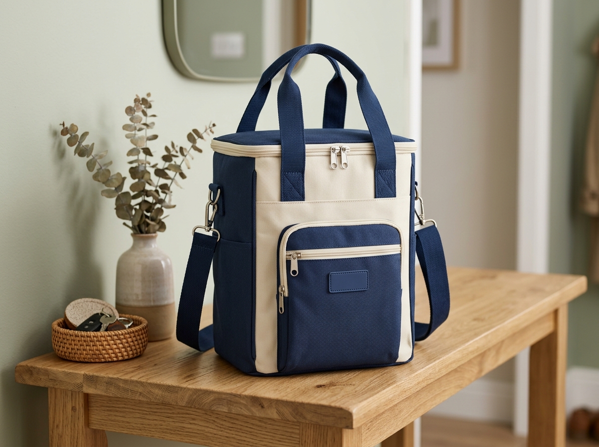 Color-Blocked Vertical Insulated Thermal Lunch Tote with Front Pocket (7.5L)