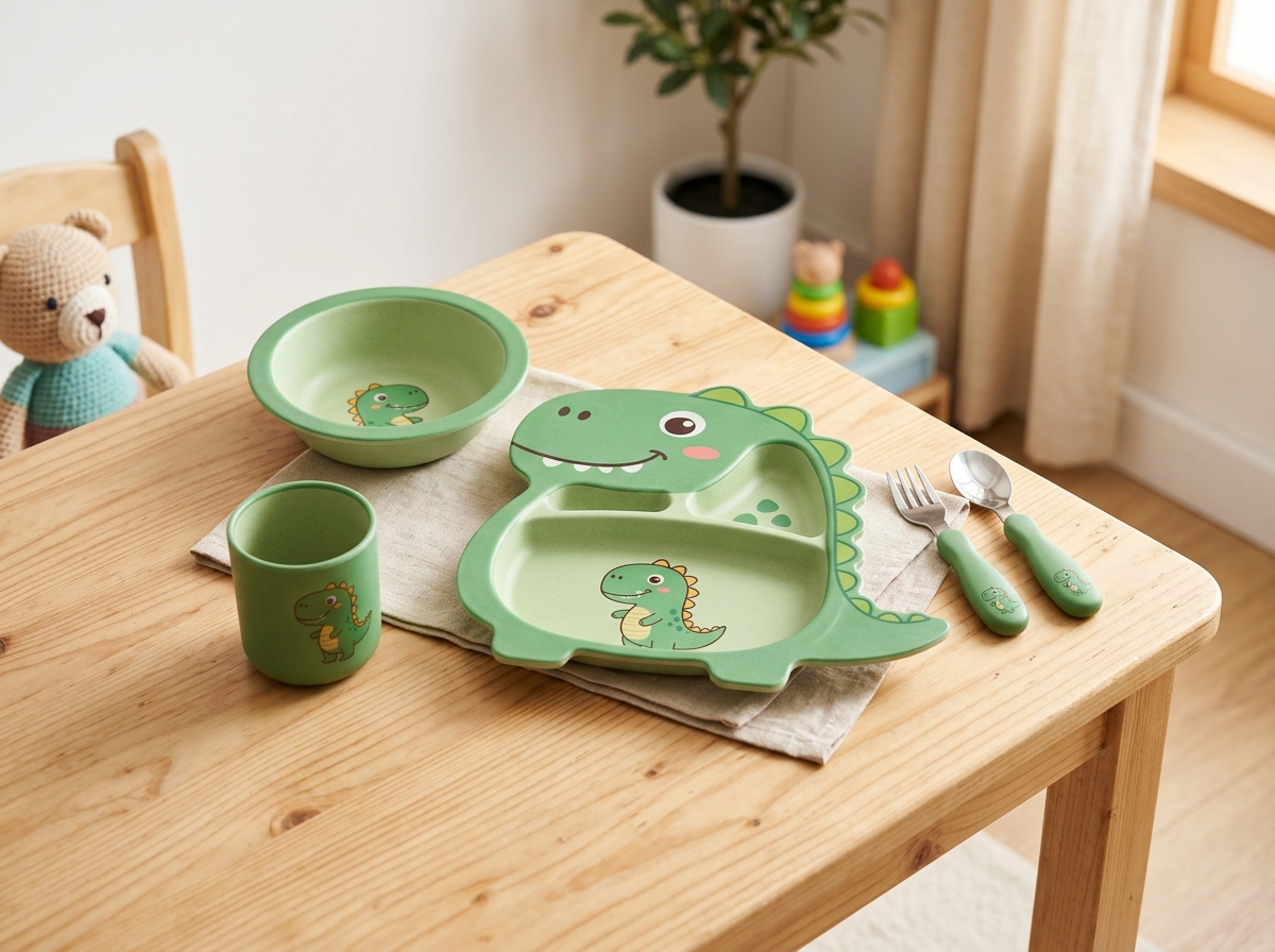 5-Piece Cartoon Dinosaur Plant Fiber Children Tableware Set