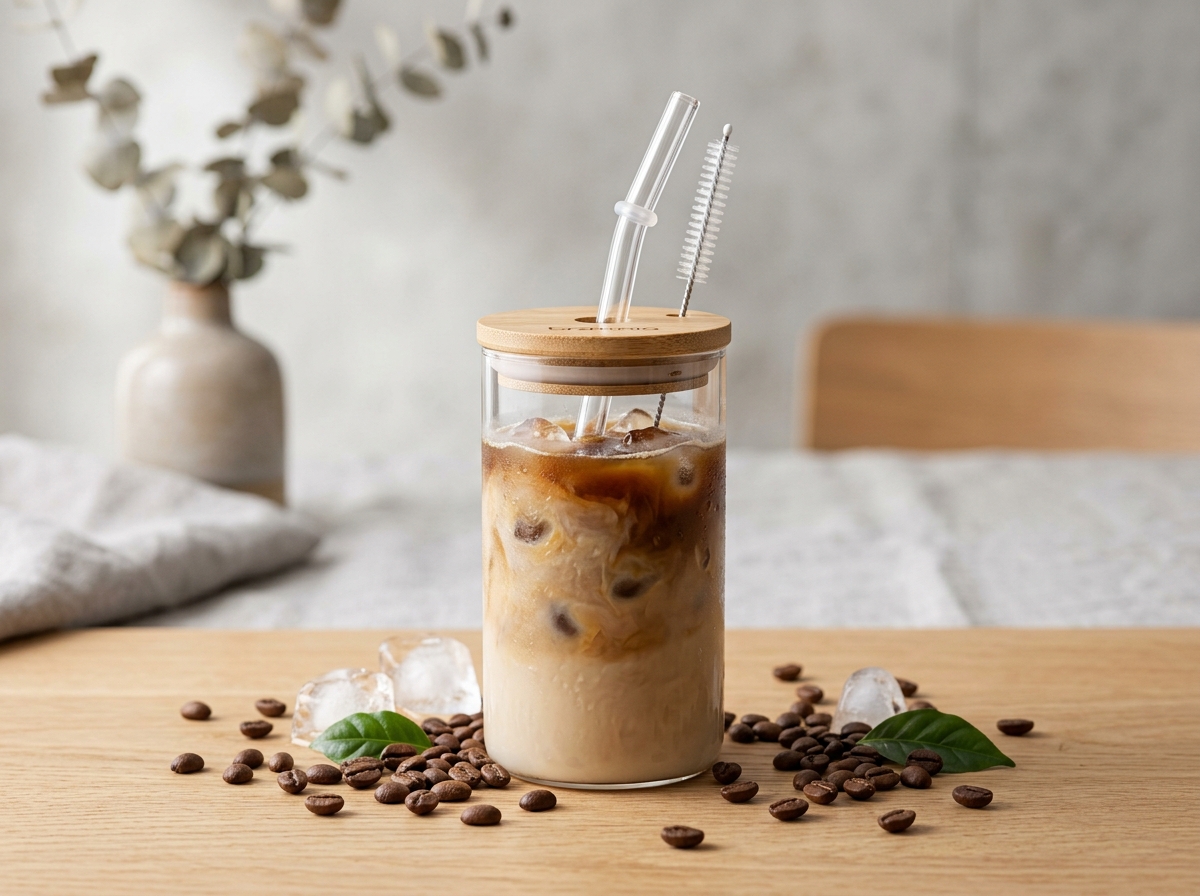 16 oz High-Borosilicate Glass Iced Coffee Tumbler with Natural Bamboo Lid (500ml)