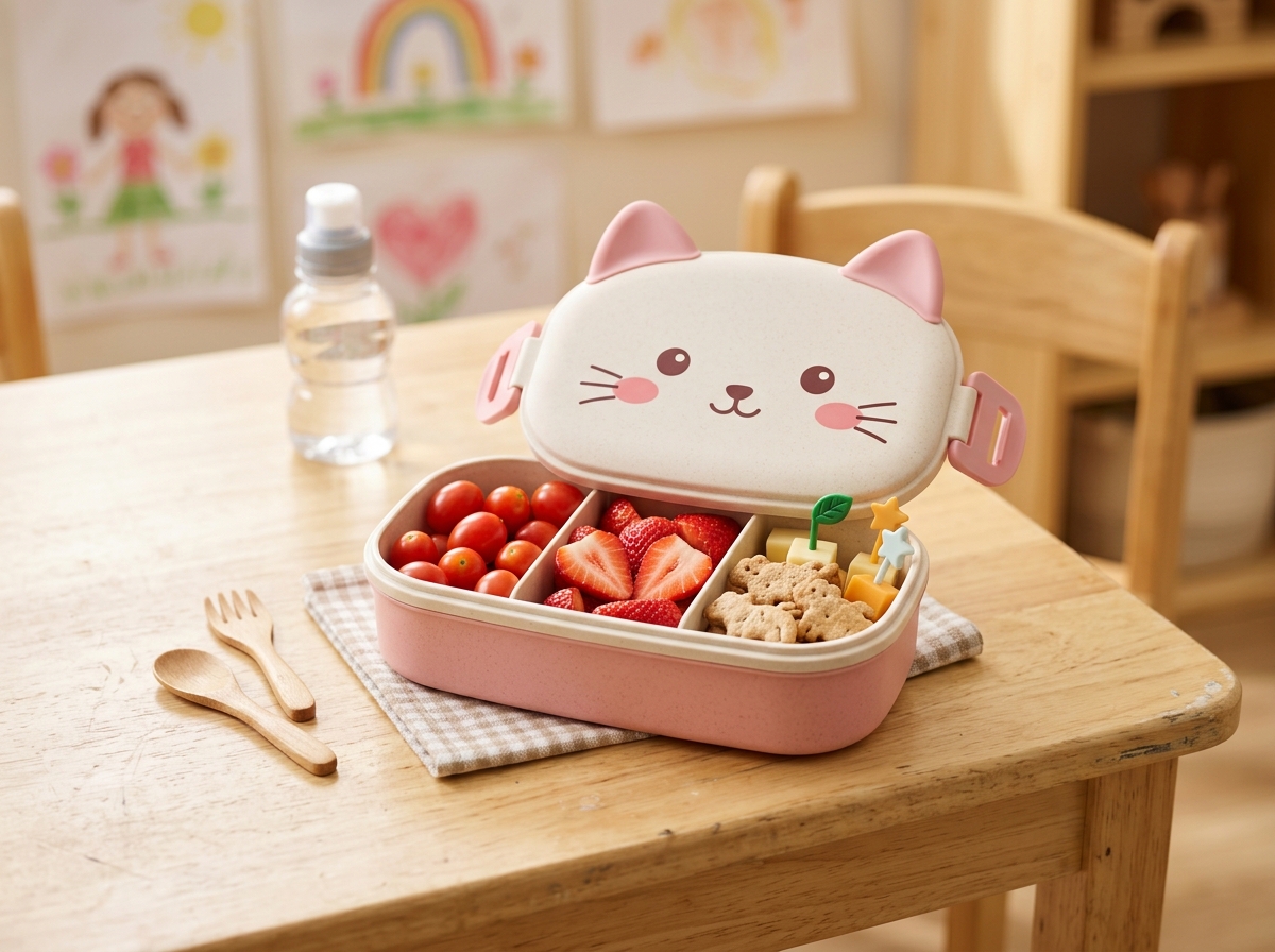 Kawaii Cat-Face 3-Compartment Kids School Bento Box (700ml)
