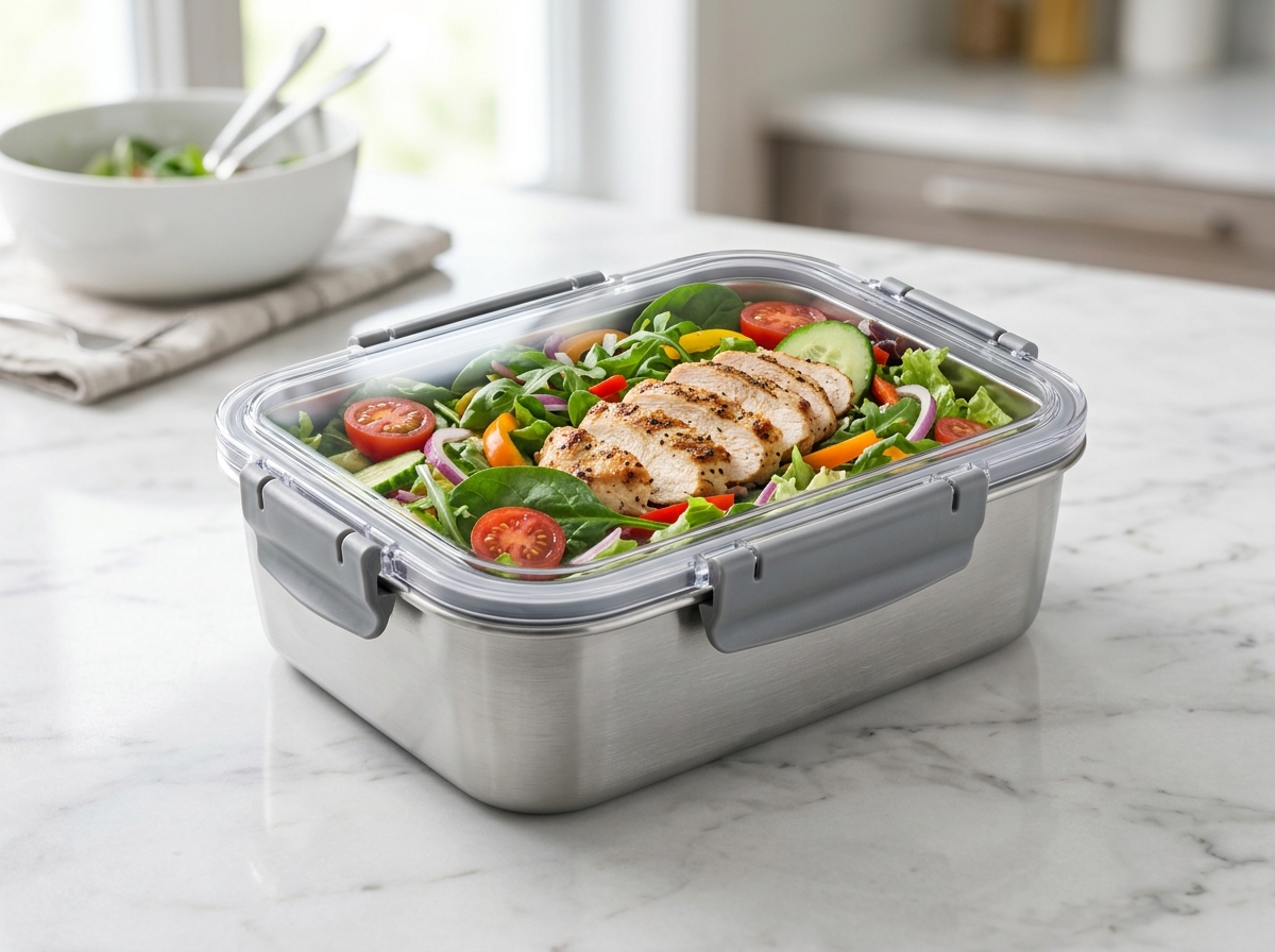 SUS 304 Stainless Steel Meal Prep Box with Crystal-Clear Airtight Snap Lid (1,000ml)