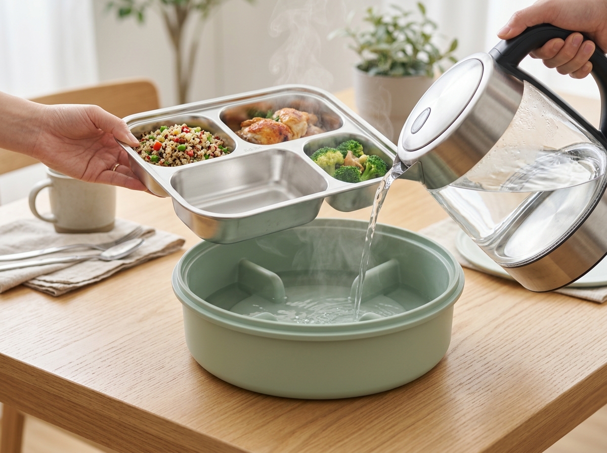 3-Compartment Stainless Steel Tray Bento with Snap-Lock PP Outer Shell (900ml)